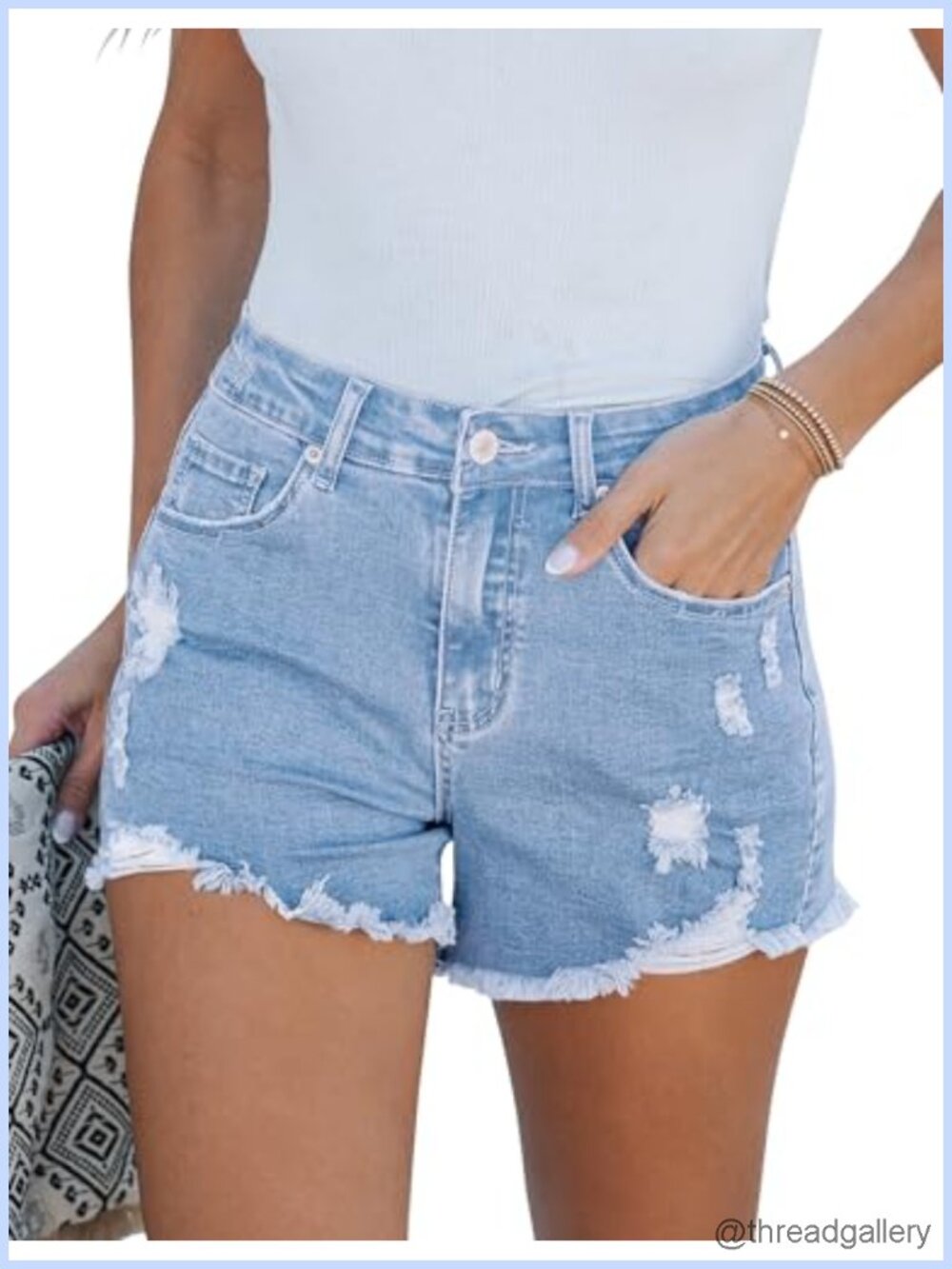 High Waisted Stretchy Distressed Denim Shorts Raw Hem 4 Inch Inseam